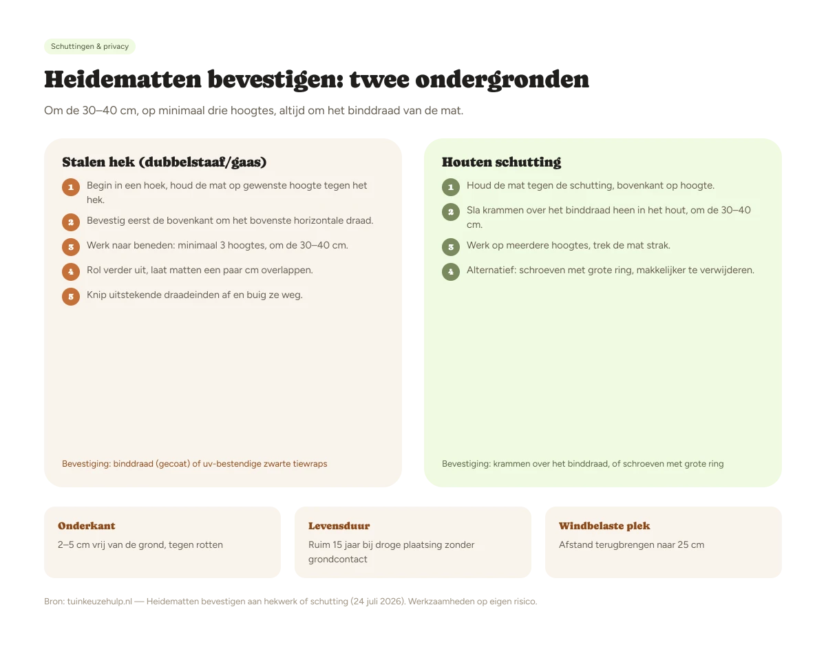 Heidemat bevestigen aan hekwerk: binddraad en tiewraps, met de juiste onderlinge afstand en overlap