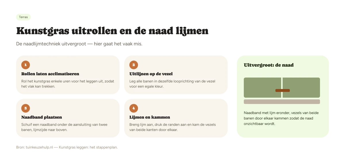 Stappenplan voor het uitrollen van kunstgras en het lijmen van de naad