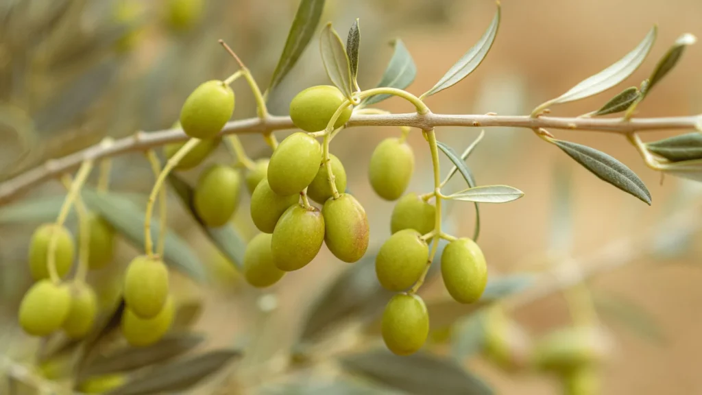 Tros onrijpe groene olijven aan een olijftak met smal, zilvergroen blad