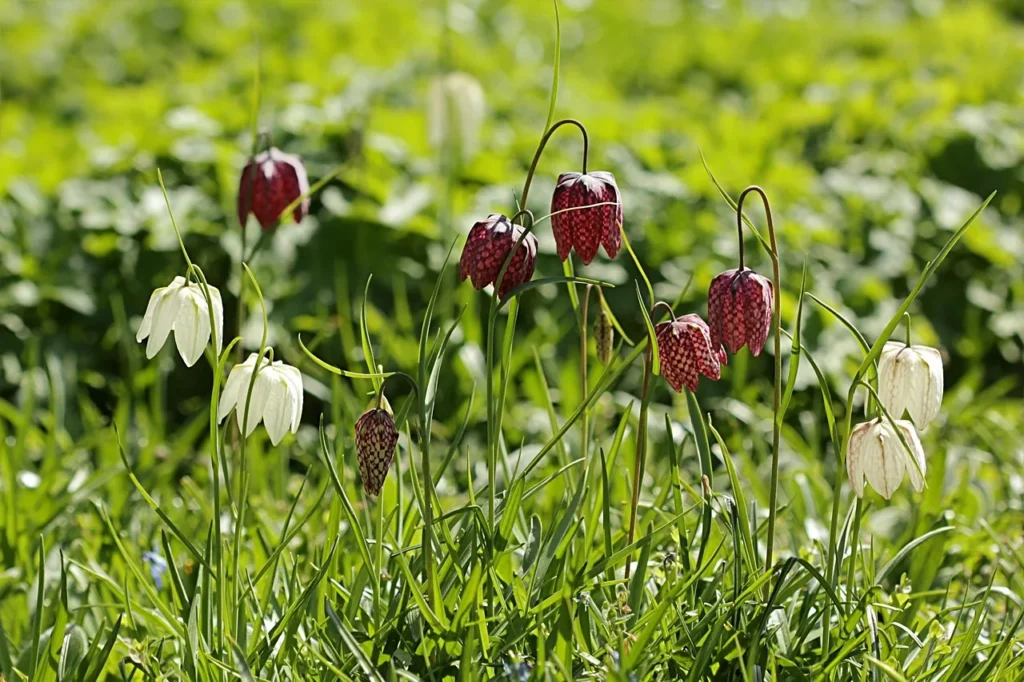 Paarse en witte kievitsbloemen verwilderd tussen het gras in de voorjaarszon