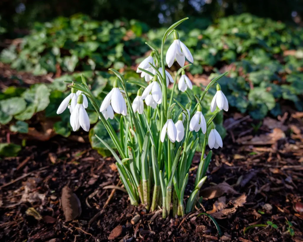 Pol bloeiende sneeuwklokjes met blad in een border met bladcompost, zoals je ze in het groen verplant